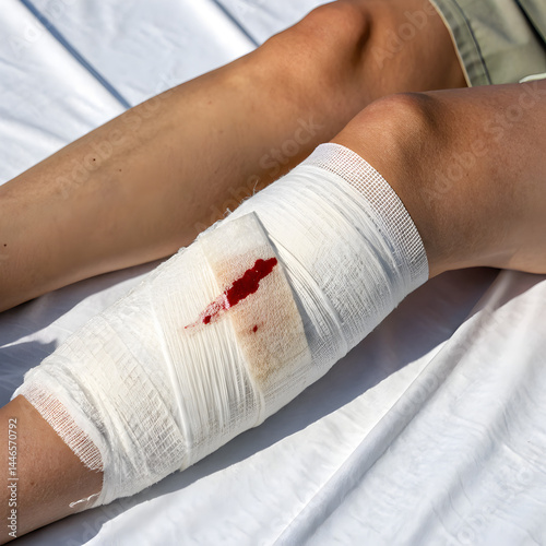 Close up of bandage on a leg