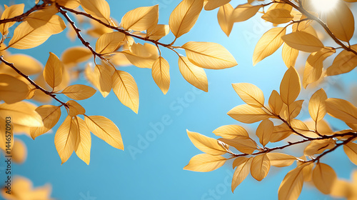 Wallpaper Mural Golden autumn leaves backlit by bright sunlight against a vibrant blue sky; nature's beauty, tranquility, and the changing seasons. Torontodigital.ca
