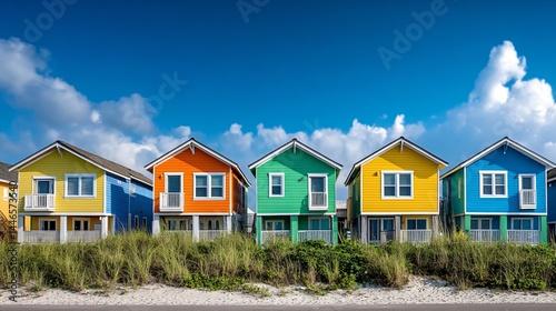 Colorful beach houses in a row against a clear sky.