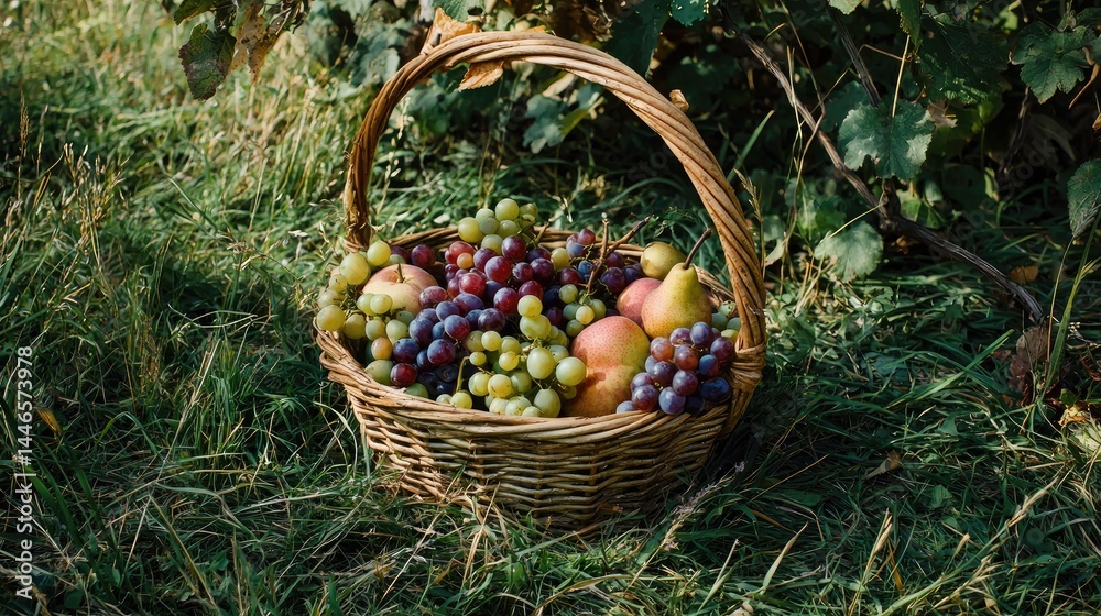 Rustic woven basket overflowing with colorful fruit. Rustic woven basket overflowing with colorful fruit.