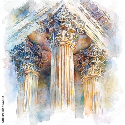 Classical Architectural Columns with Ornate Capitals in Watercolor Style
