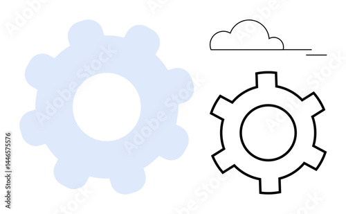 Interlinked gear shapes, one in outline, paired with a simple cloud design. Ideal for technology, teamwork, innovation, engineering, process optimization, cloud computing simple landing page
