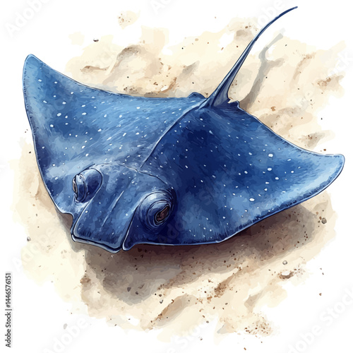 illustration of Stingray Gliding Over Sand, watercolor vector, isolated on a white background.