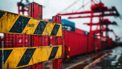 Yellow Barrier with Tariff Text at Port - Global Trade Impact Economy