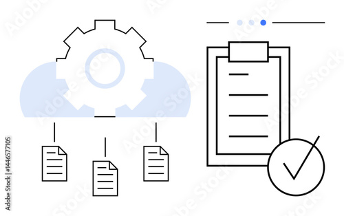 Cloud icon with gear automating document distribution, clipboard checklist highlighting task completion. Ideal for cloud computing, workflow, automation, task management, organization, productivity