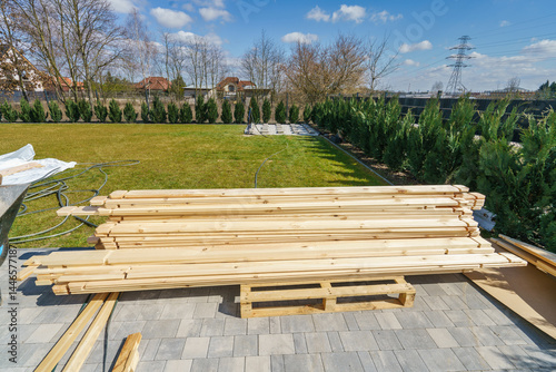 Obraz na płótnie Wooden pre-cut slabs for garden shed w salonie