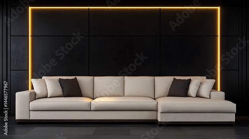 Modern Interior Design with Neutral Sofa, Dark Accents, and Geometric Lighting Creates Luxurious Atmosphere.