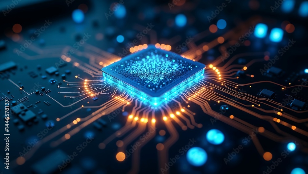 Close-Up Abstract of High-Performance Computer Chip or CPU with Glowing Blue and Orange Circuitry Close-Up Abstract of High-Performance Computer Chip or CPU with Glowing Blue and Orange Circuitry