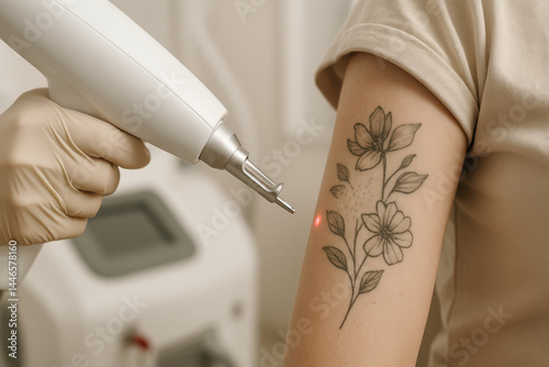 Laser tattoo removal in progress on womans arm with floral design