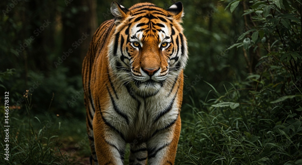Obraz premium A majestic Bengal tiger standing in a lush jungle, with piercing amber eyes, detailed fur patterns, and strong muscles visible under its coat — hyper-realistic, dramatic lighting, cinematic style
