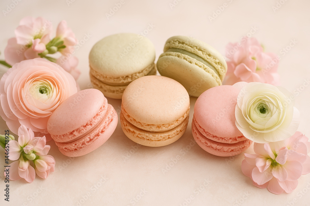 Fototapeta premium Delicate french macarons with pastel flowers arrangement