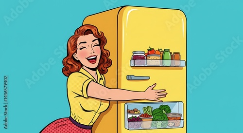 Happy Housewife Storing Food in Retro Fridge
