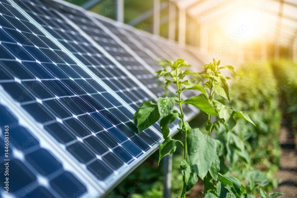 Fototapeta premium Solar panels installed on a greenhouse, supporting plant growth. Sunlight illuminates the panels and vegetation