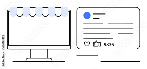 Computer screen with storefront canopy and social media card displaying thumbs ups and interactions. Ideal for e-commerce, digital marketing, social media strategy, online business, branding