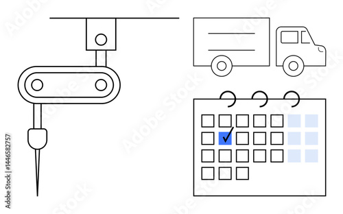 Robotic arm in production, calendar with marked date, and delivery truck. Ideal for manufacturing, automation, logistics, planning scheduling productivity industry 4.0. Flat simple metaphor