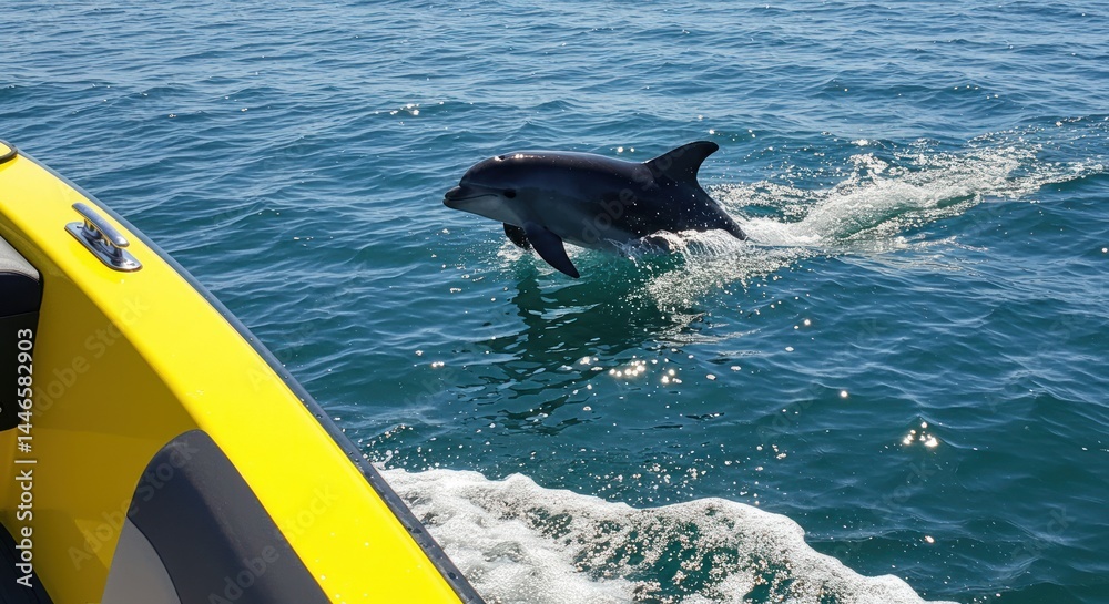 Fototapeta premium Dolphin Swimming with a Boat Photo