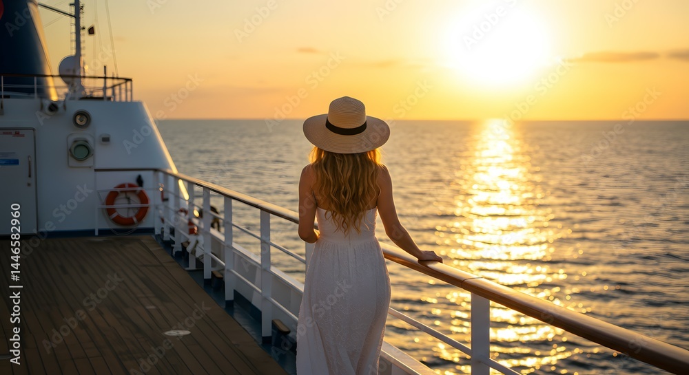Fototapeta premium Sunset Cruise Woman in White Dress Admires Golden Hour Ocean View from Cruise Ship Deck
