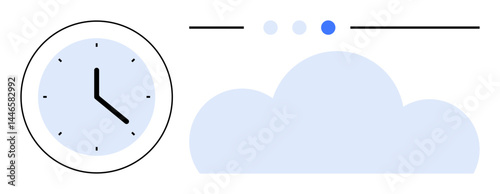 Analog clock alongside a cloud and interface dots, symbolizing time tracking, cloud storage, technology. Ideal for scheduling, cloud computing, data management, time management, digital solutions