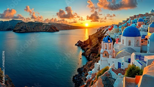Stunning sunrise or sunset over coastal village with colorful buildings and dramatic landscape ideal for travel advertisement or photography print