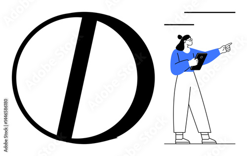 Woman holding a tablet while gesturing forward beside a bold circular shape. Ideal for creativity, design, education, teamwork, technology, innovation, branding, simple landing page