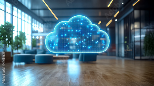 Glowing Blue Cloud Data Symbol in Modern Office Interior