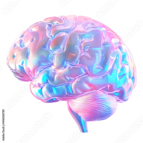A brain in holographic pink and blue, transparent background 