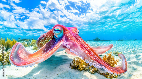 Vibrant Flamboyant Cuttlefish on a sunlit ocean floor, showcasing its mesmerizing colors and unique texture against a backdrop of coral and a brilliant blue sky. photo
