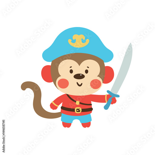 Mischievous Pirate Monkey Mascot with Tricorn Hat and Tiny Sword – Funny Animal Illustration