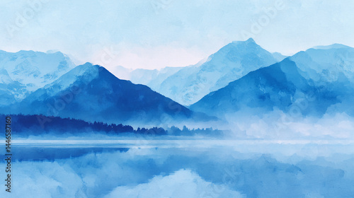 Blue mountain range watercolor painting landscape background nature scenery calm peaceful misty serene art