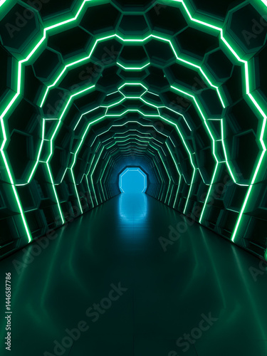 A mesmerizing geometric tunnel, composed of neon-lit hexagons, receding infinitely into the distance, creating a surreal and hypnotic illusion of infinite space and futuristic depth.