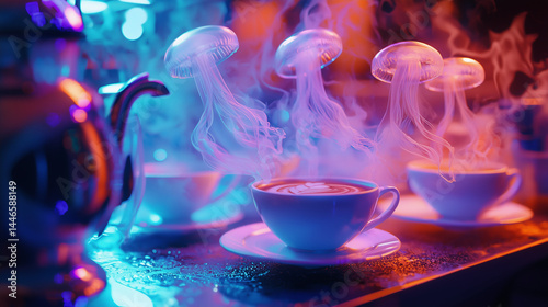 Surreal hot coffee with steam shaped like jellyfish, glowing under vibrant neon lights in a dreamy cafe setting.