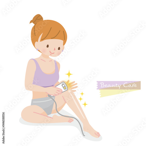 自分で足の脱毛をする若い女性