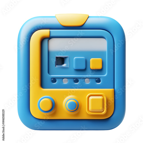  A blue and yellow cartoon UI icon, the main body is a window view with buttons in front of it, on a white background 