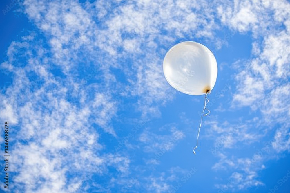 White balloon soaring in a vibrant blue sky with fluffy white clouds White balloon soaring in a vibrant blue sky with fluffy white clouds