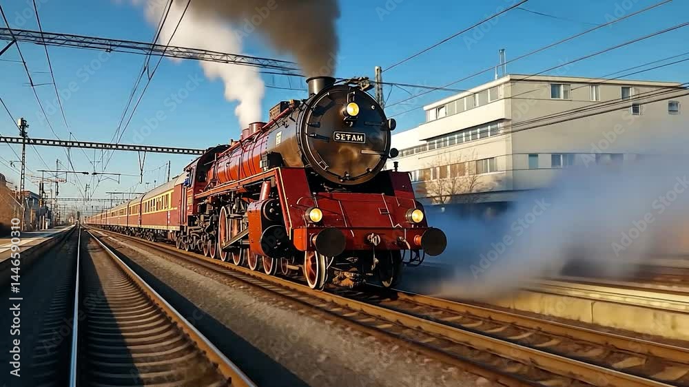 A red vintage steam train with passenger cars moves along train tracks on a sunny day, passing urban buildings. Smoke billows from its smokestack