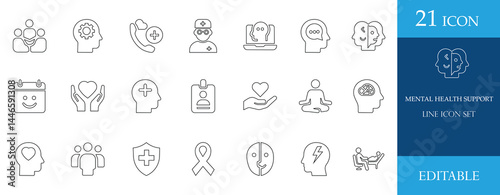 Modern line icon set representing mental health support, therapy, wellness, stress relief, and emotional care. Ideal for healthcare apps, awareness, and consulting visuals.
