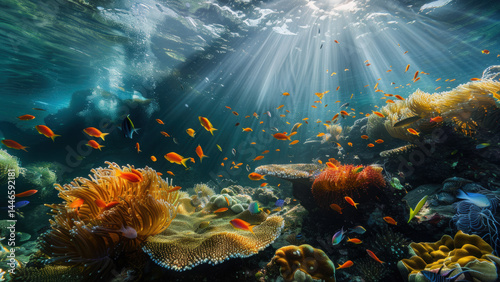 Colorful tropical fish swimming near vibrant coral reef underwater
