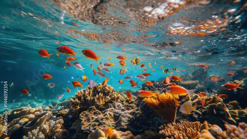 Colorful tropical fish swimming near vibrant coral reef underwater