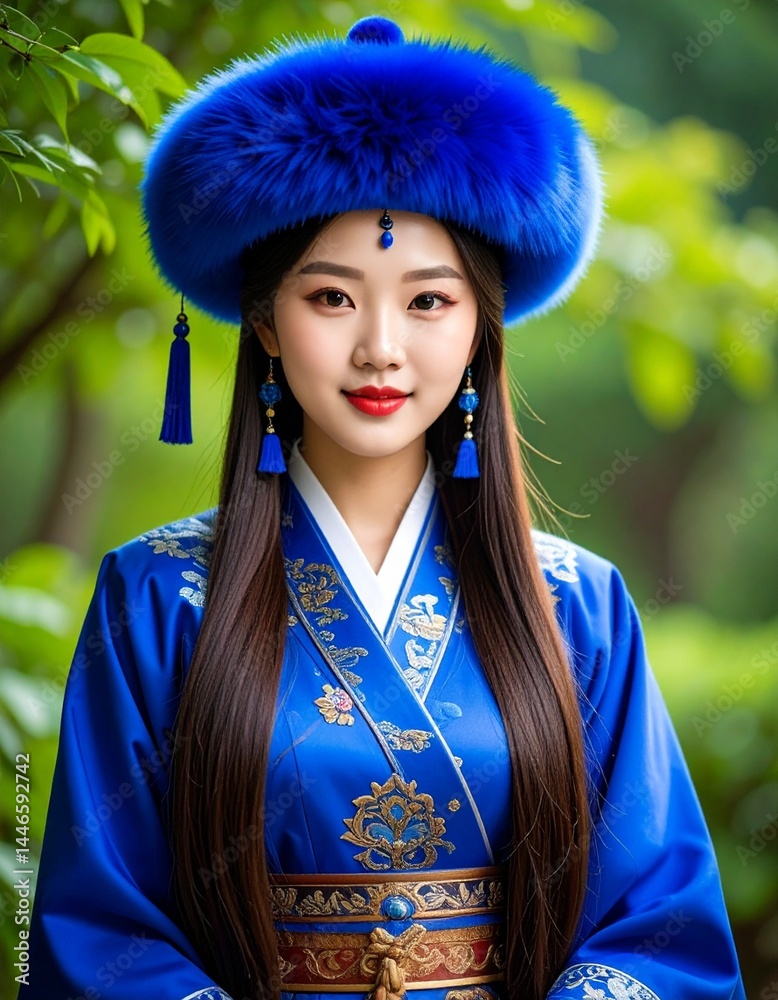 Fototapeta premium a very beautiful Chinese girl dress like ancient lady in China and Mongolian hat