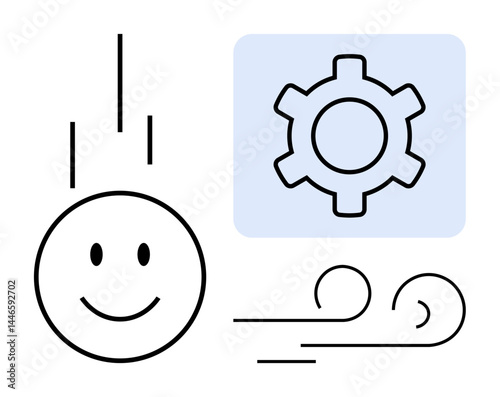 happy face flows beside gear icon and wind symbols, linking emotions and movement. Ideal for innovation, energy, creativity, positivity, technology, efficiency, simple landing page