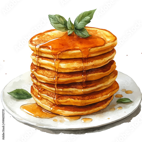 watercolor of Stack Of Pancakes With Maple Syrup, vector, isolated on a white background.