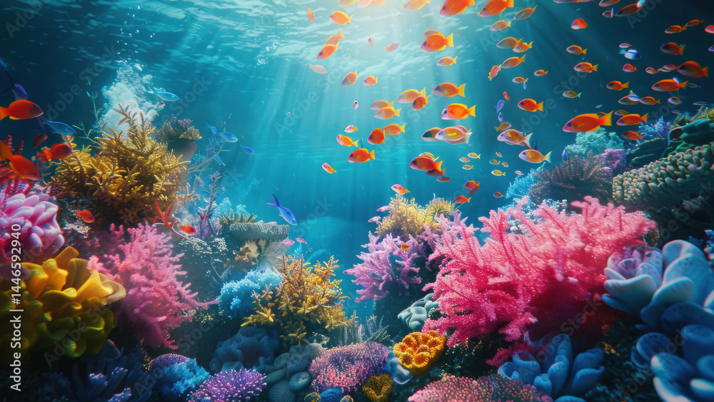Fototapeta premium Colorful tropical fish swimming near vibrant coral reef underwater