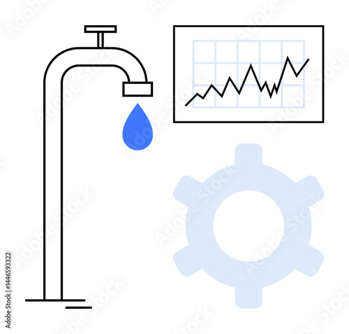 Faucet with a single water drop, line graph with rising trend, and gear symbol. Ideal for sustainability, water conservation, efficiency, analytics, process optimization, resource planning flat
