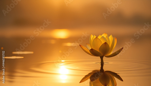 Golden Lotus Blooming on a Tranquil Lake A single golden lotus flower blooming on a still, reflective lake during golden hour 2