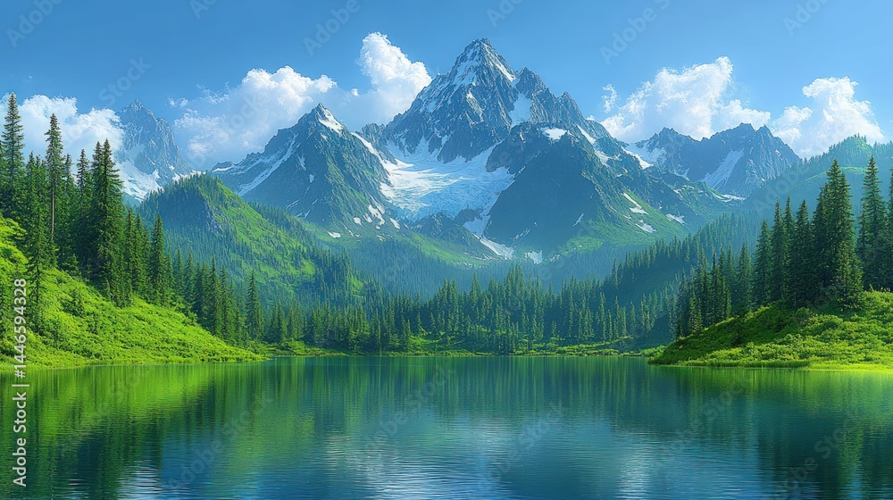 Serene mountain lake reflecting snowcapped peaks Serene mountain lake reflecting snowcapped peaks