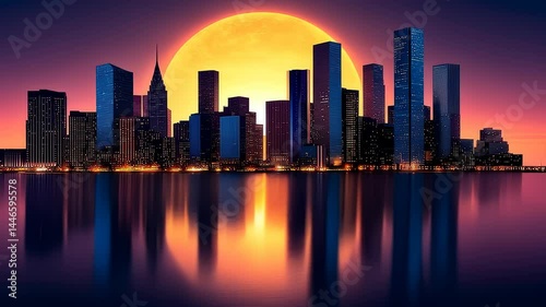 Sunset city skyline reflection artistic digital illustration urban panorama