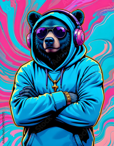 Bear Wearing Hoodie, Sunglasses and Headphones with Psychedelic Background