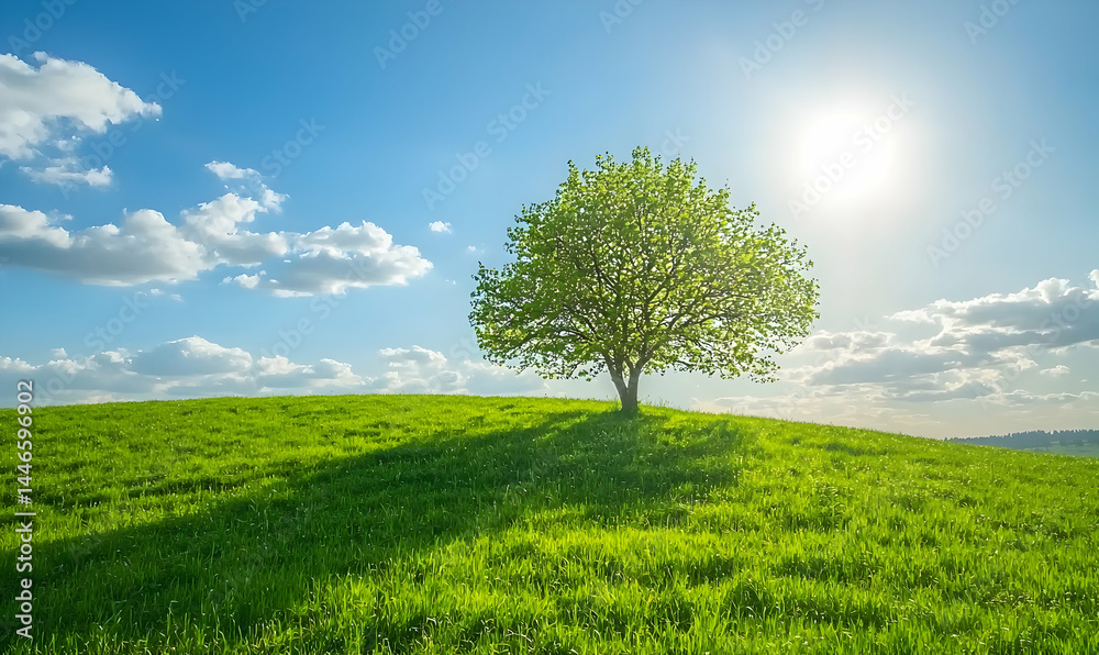 Obraz premium A lone tree sits atop a grassy hill under a bright, sunny sky with scattered clouds on a beautiful day