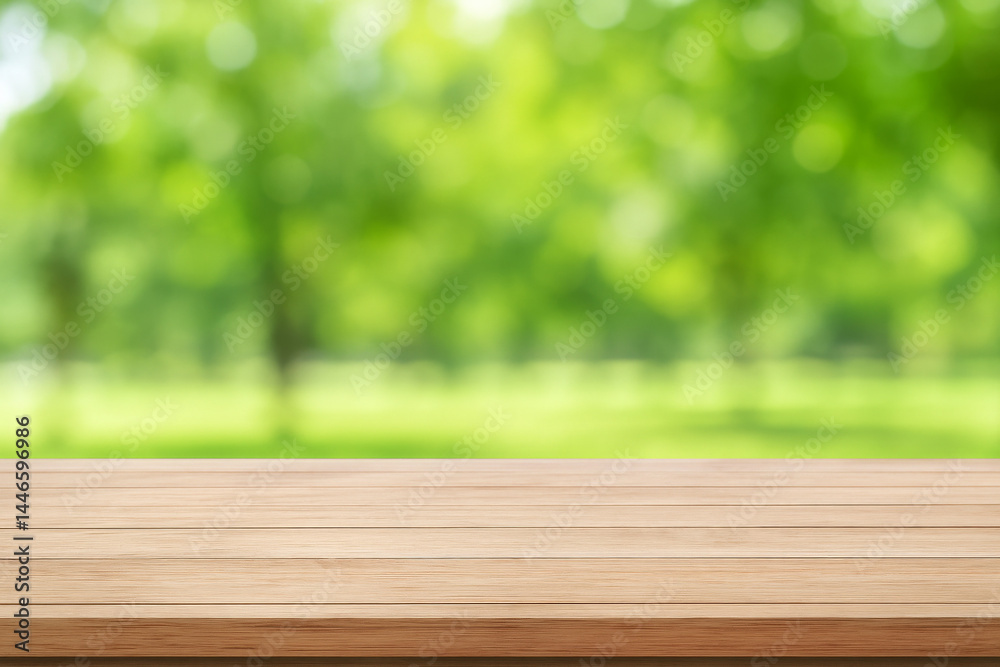 Wooden Table in Nature: A wooden table stands ready in the foreground, with the soft, verdant backdrop of a nature scene, offering a perfect canvas for any creative product or concept. 