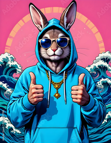 Rabbit Giving Thumbs Up Wearing Hoodie and Sunglasses